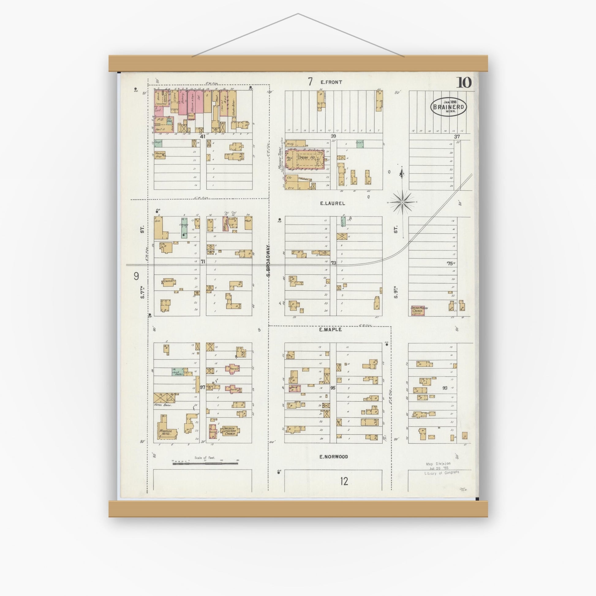 Old map wall art mockup — magnetic wood frame on white wall — Sanborn Fire Insurance Map from Brainerd, Crow Wing County, Minnesota (1898), Sheet #0010