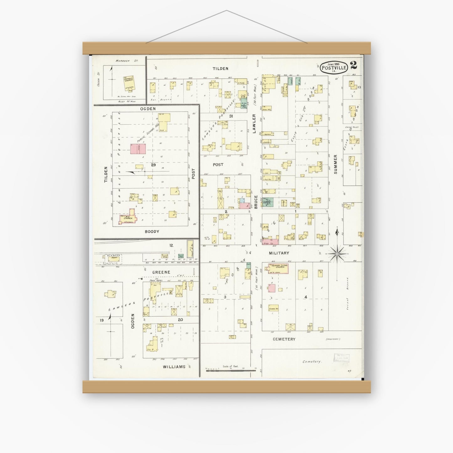 Old map wall art mockup — magnetic wood frame on white wall — Sanborn Fire Insurance Map from Postville, Allamakee County, Iowa (1895), Sheet #0002