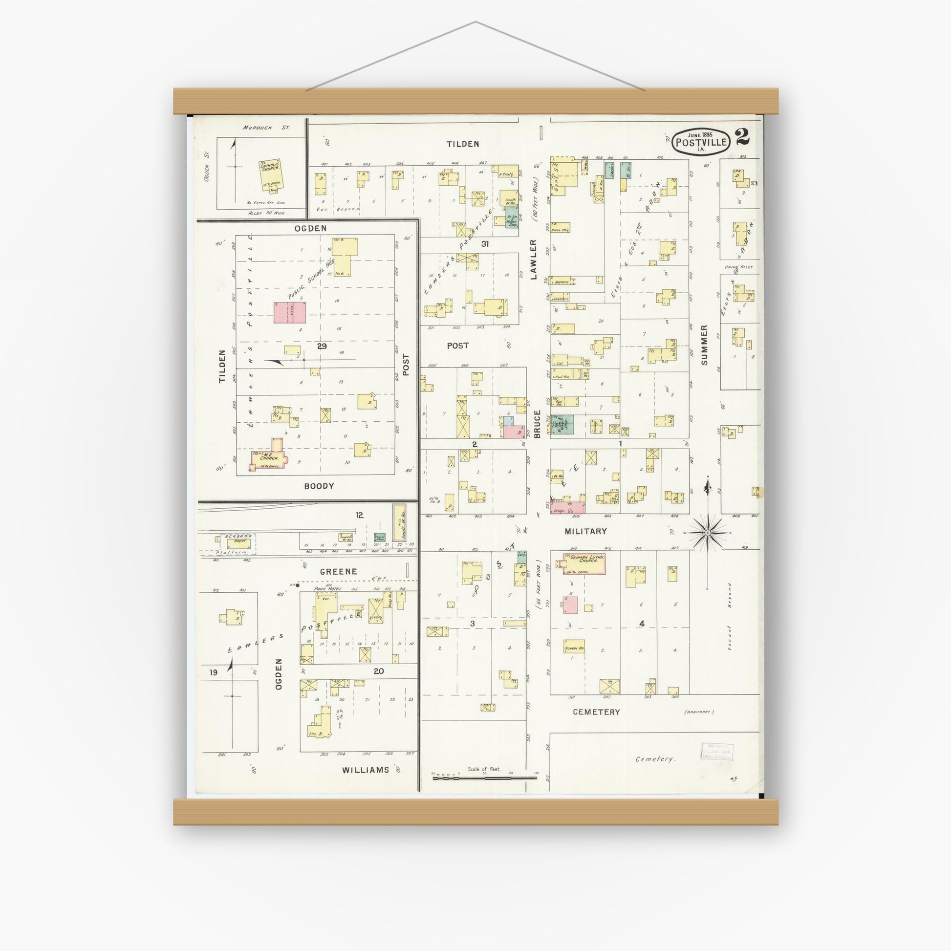 Old map wall art mockup — magnetic wood frame on white wall — Sanborn Fire Insurance Map from Postville, Allamakee County, Iowa (1895), Sheet #0002