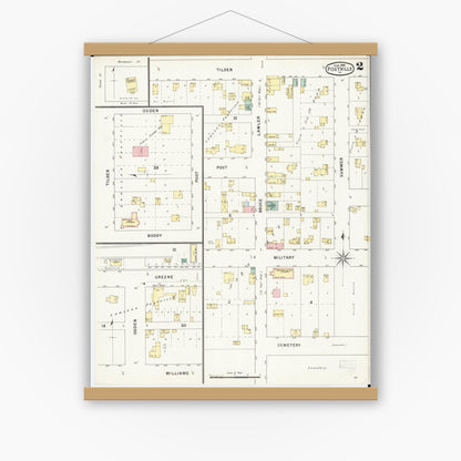 Old map wall art mockup — magnetic wood frame on white wall — Sanborn Fire Insurance Map from Postville, Allamakee County, Iowa (1895), Sheet #0002