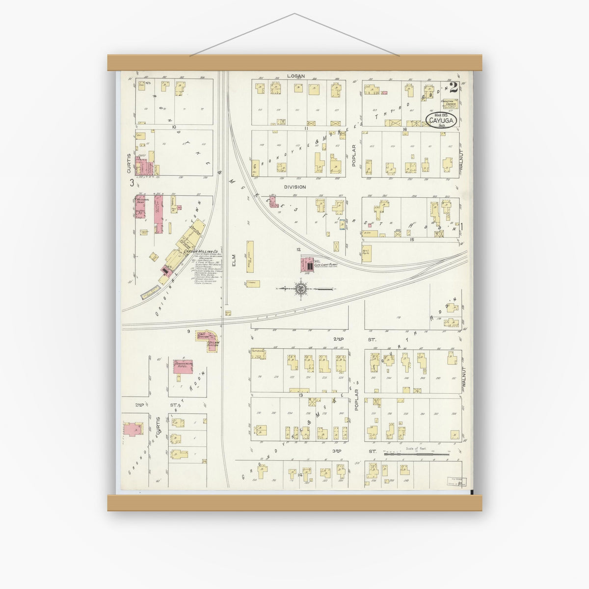 Old map wall art mockup — magnetic wood frame on white wall — Sanborn Fire Insurance Map from Cayuga, Vermillion County, Indiana (1913), Sheet #0002