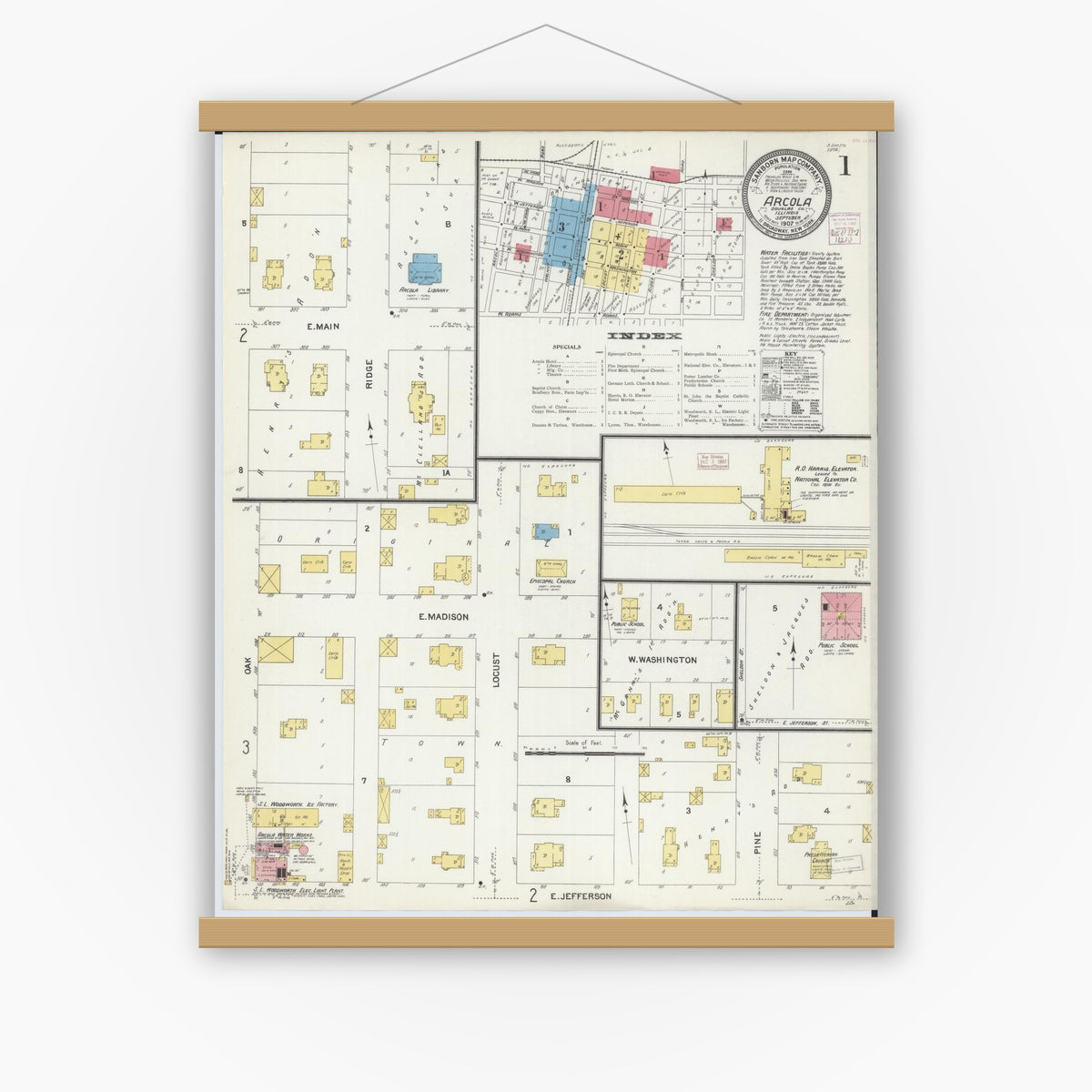 Old map wall art mockup — magnetic wood frame on white wall — Sanborn Fire Insurance Map from Arcola, Douglas County, Illinois (1907) - Complete Map Set