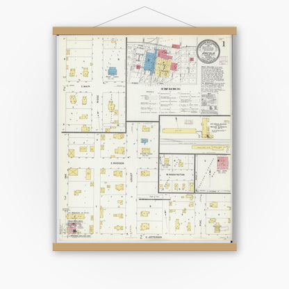 Old map wall art mockup — magnetic wood frame on white wall — Sanborn Fire Insurance Map from Arcola, Douglas County, Illinois (1907) - Complete Map Set