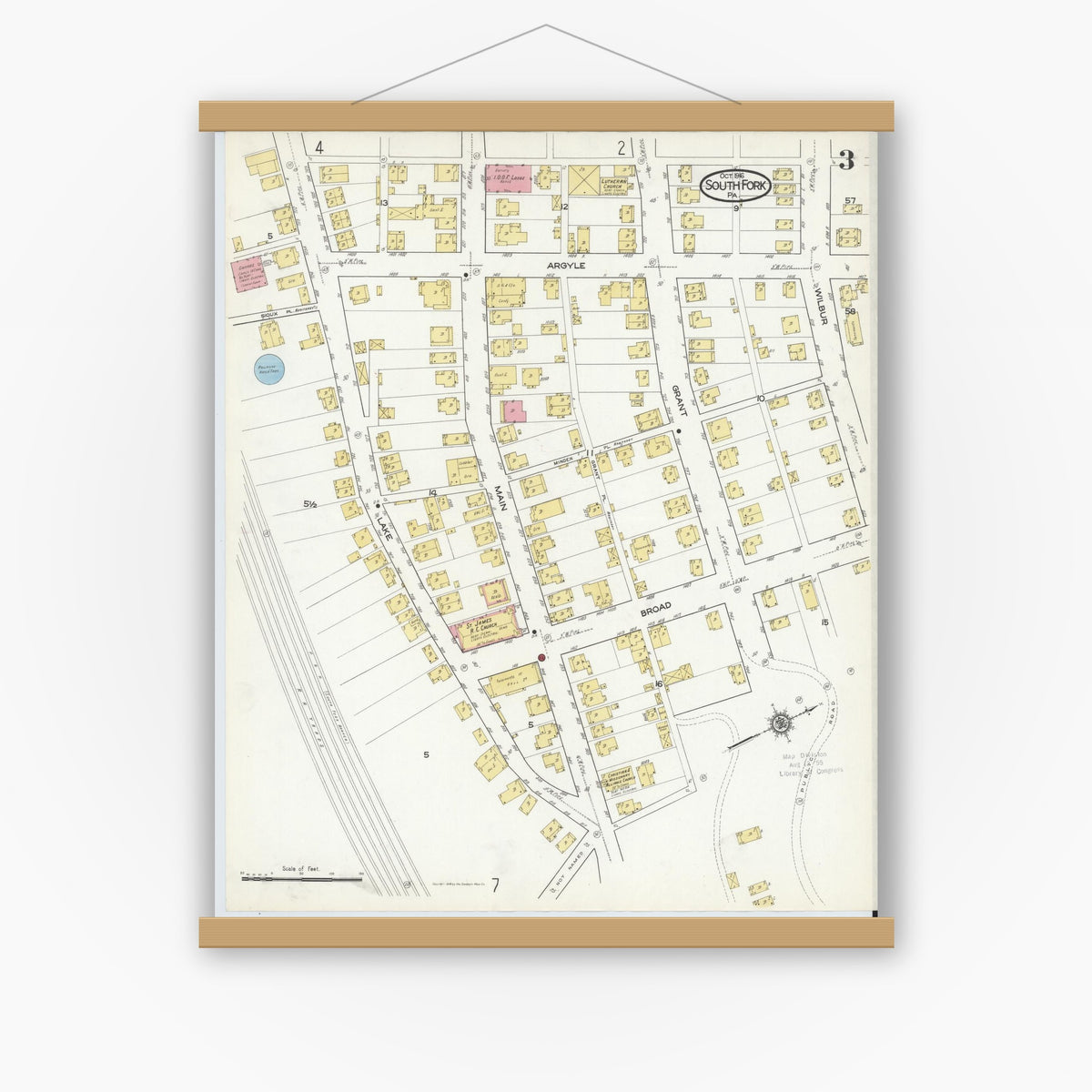Old map wall art mockup — magnetic wood frame on white wall — Sanborn Fire Insurance Map from South Fork, Cambria County, Pennsylvania (1916), Sheet #0003