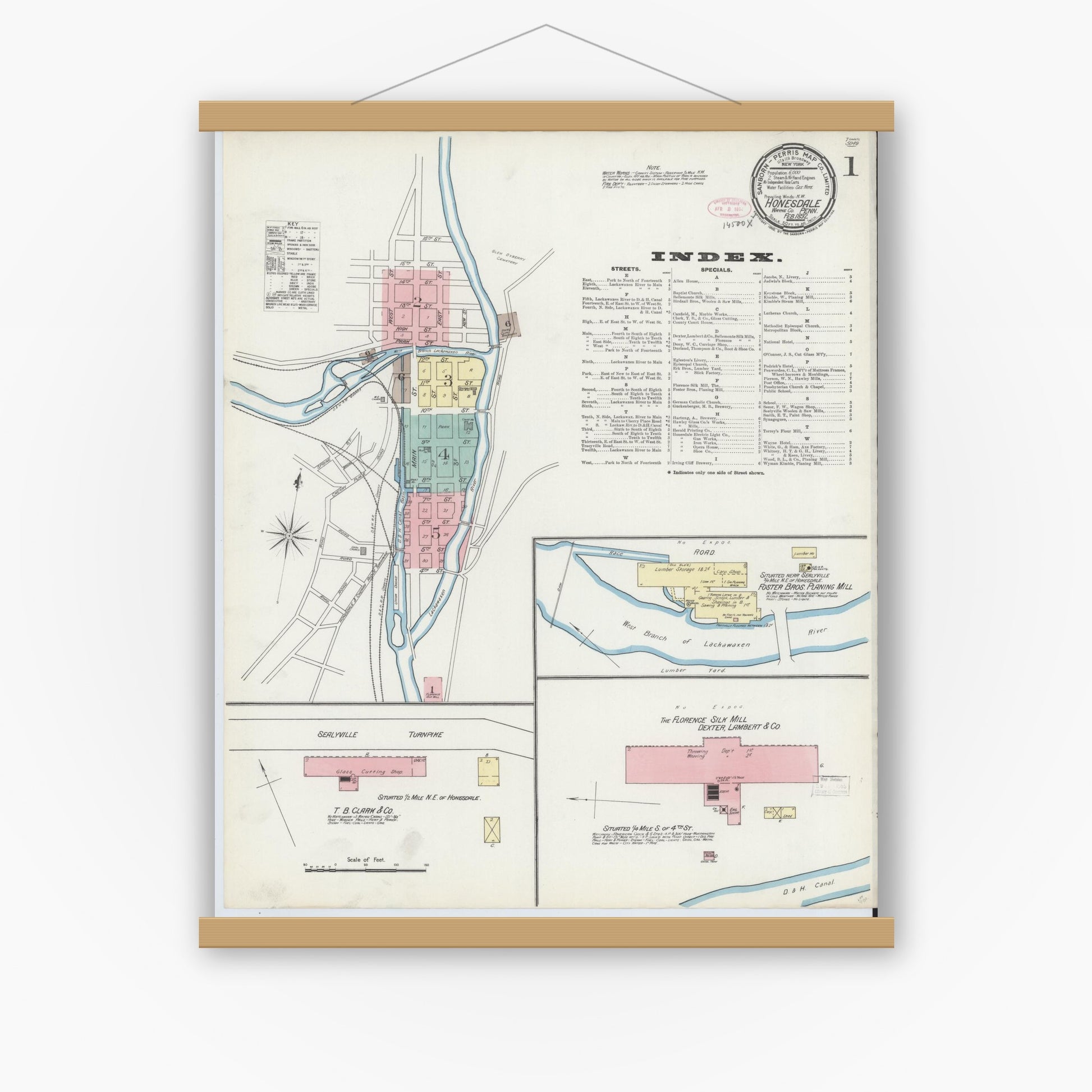 Old map wall art mockup — magnetic wood frame on white wall — Sanborn Fire Insurance Map from Honesdale, Wayne County, Pennsylvania (1892) - Complete Map Set