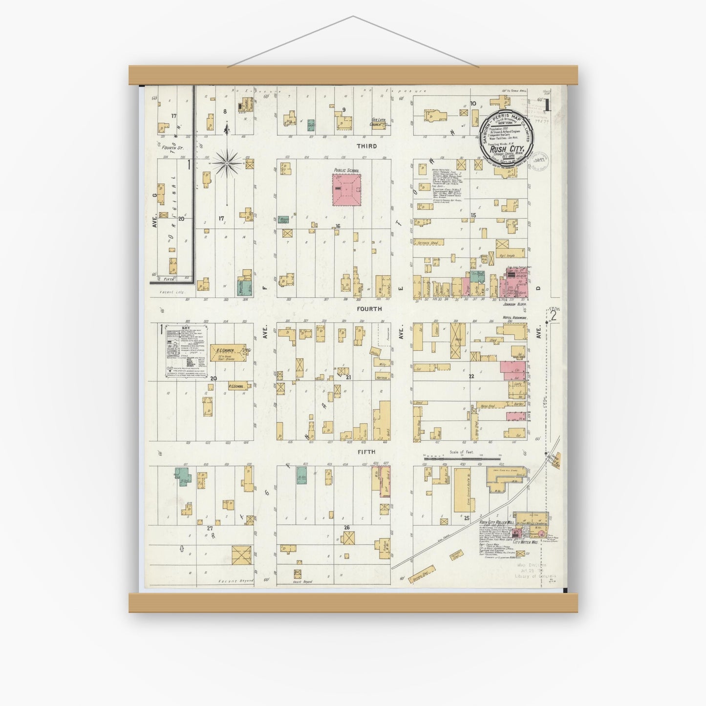 Old map wall art mockup — magnetic wood frame on white wall — Sanborn Fire Insurance Map from Rush City, Chisago County, Minnesota (1899) - Complete Map Set
