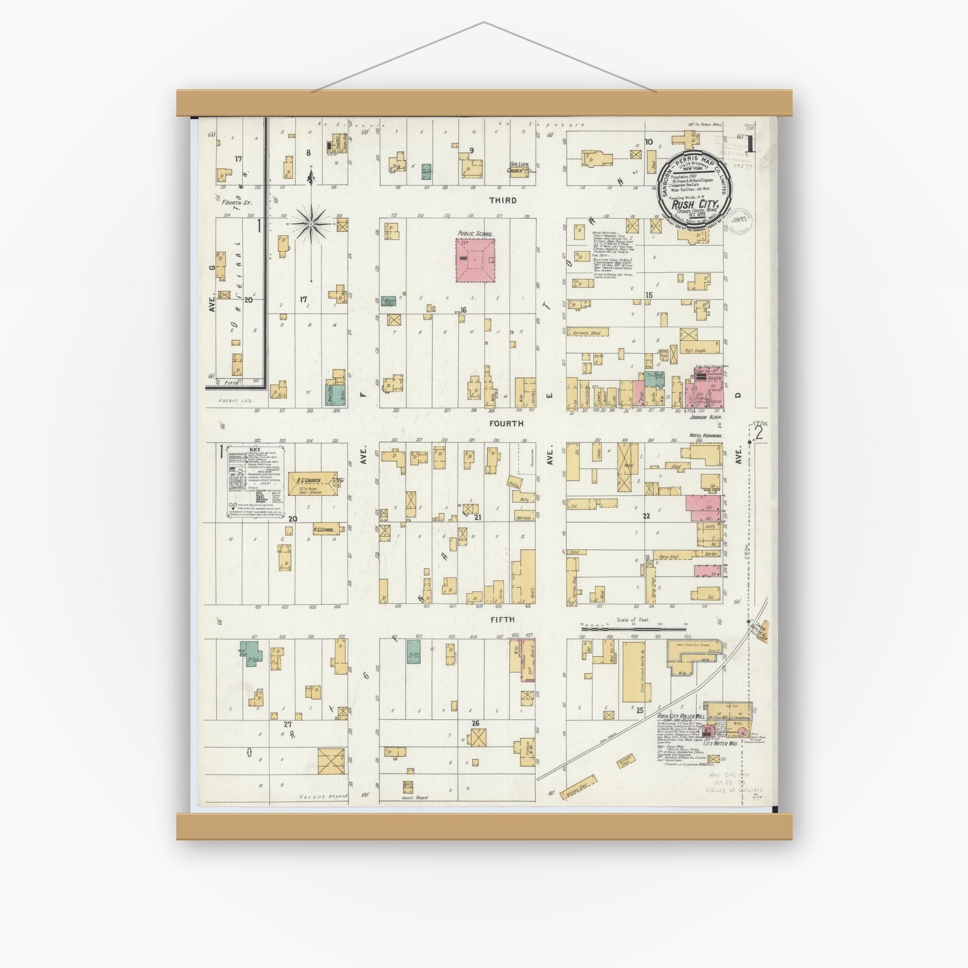Old map wall art mockup — magnetic wood frame on white wall — Sanborn Fire Insurance Map from Rush City, Chisago County, Minnesota (1899) - Complete Map Set