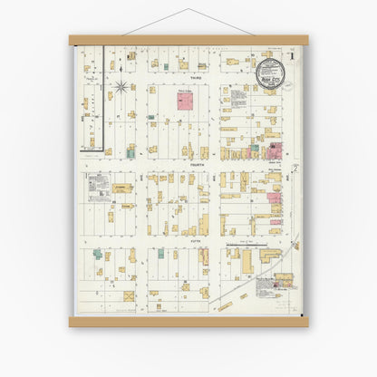 Old map wall art mockup — magnetic wood frame on white wall — Sanborn Fire Insurance Map from Rush City, Chisago County, Minnesota (1899) - Complete Map Set