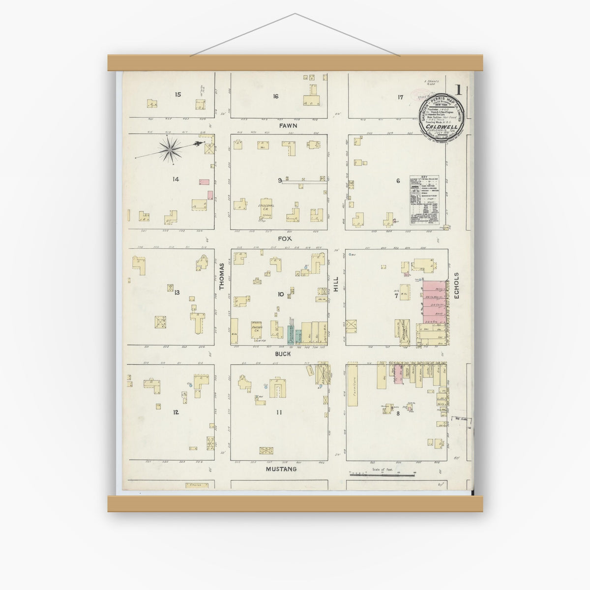 Old map wall art mockup — magnetic wood frame on white wall — Sanborn Fire Insurance Map from Caldwell, Burleson County, Texas (1891), Sheet #0001