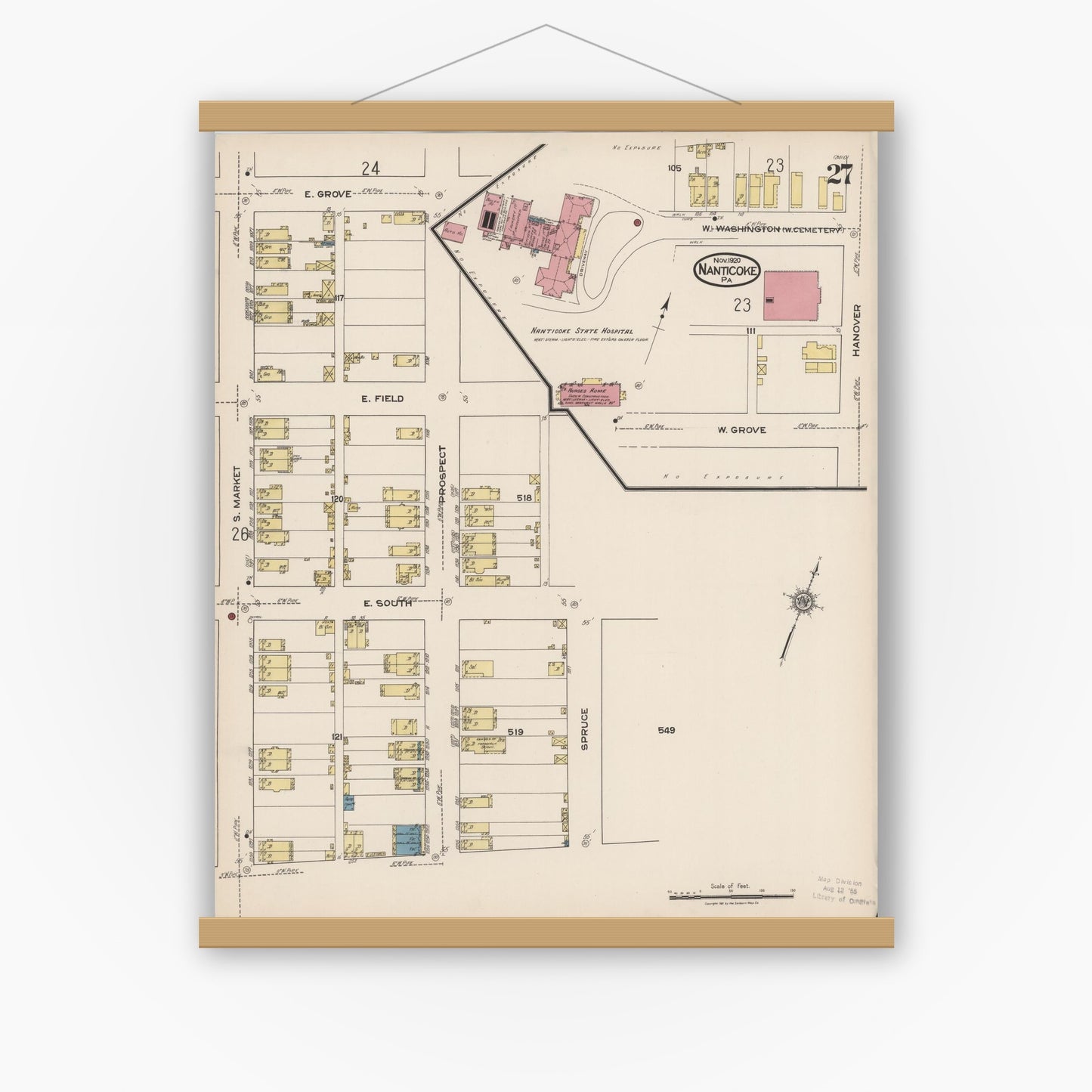 Old map wall art mockup — magnetic wood frame on white wall — Sanborn Fire Insurance Map from Nanticoke, Luzerne County, Pennsylvania (1920), Sheet #0027