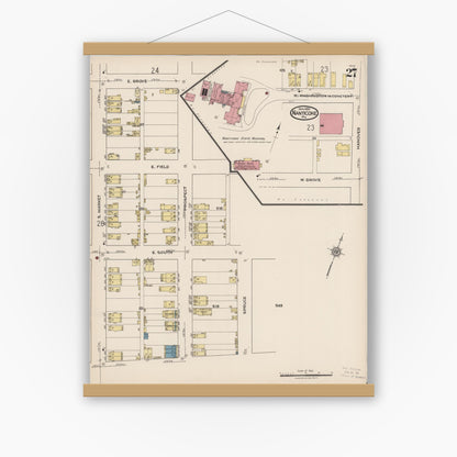 Old map wall art mockup — magnetic wood frame on white wall — Sanborn Fire Insurance Map from Nanticoke, Luzerne County, Pennsylvania (1920), Sheet #0027