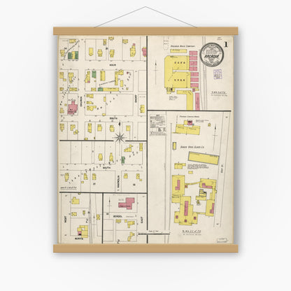 Old map wall art mockup — magnetic wood frame on white wall — Sanborn Fire Insurance Map from Arcadia, Hamilton County, Indiana (1902), Sheet #0001