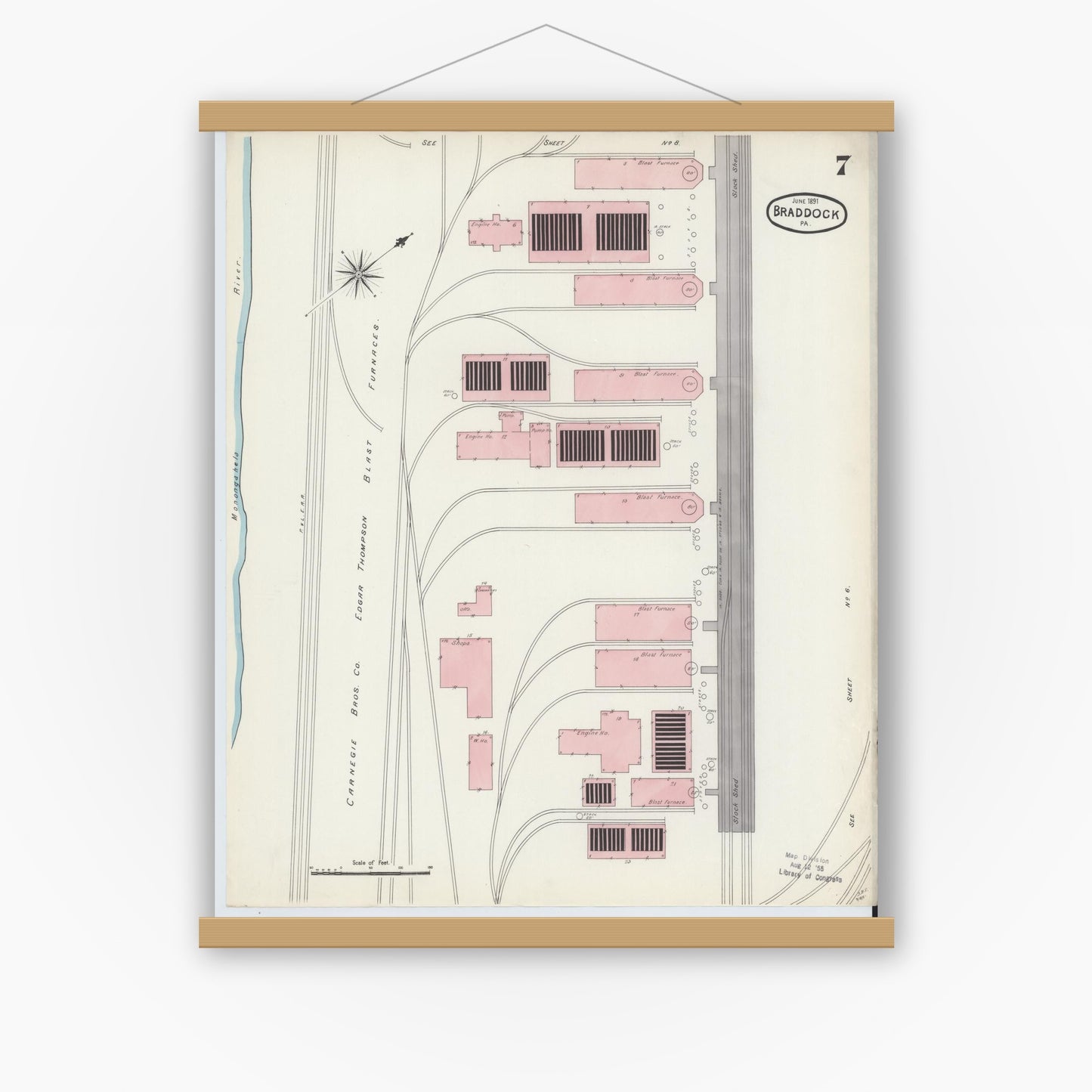 Old map wall art mockup — magnetic wood frame on white wall — Sanborn Fire Insurance Map from Braddock, Allegheny County, Pennsylvania (1891), Sheet #0007