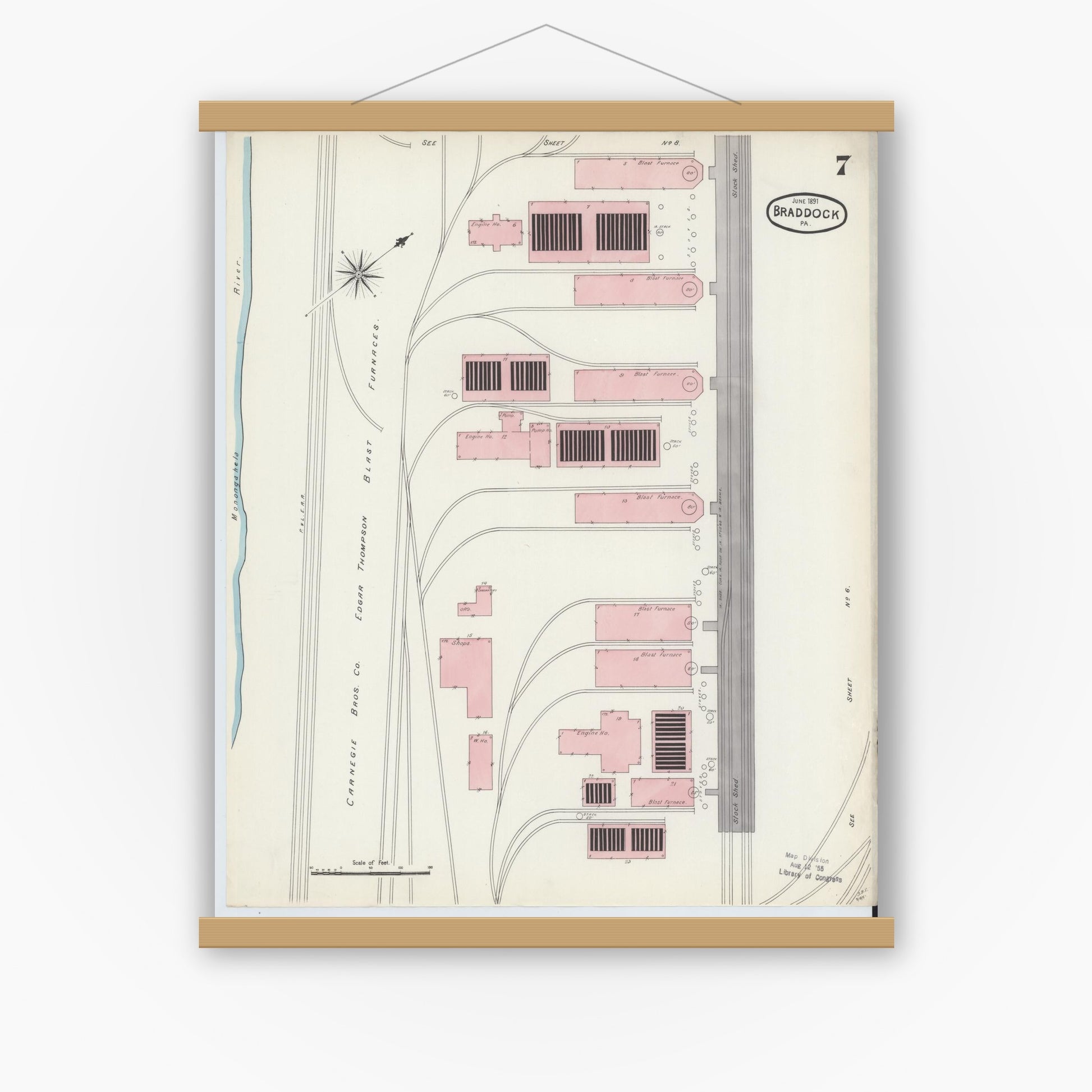 Old map wall art mockup — magnetic wood frame on white wall — Sanborn Fire Insurance Map from Braddock, Allegheny County, Pennsylvania (1891), Sheet #0007