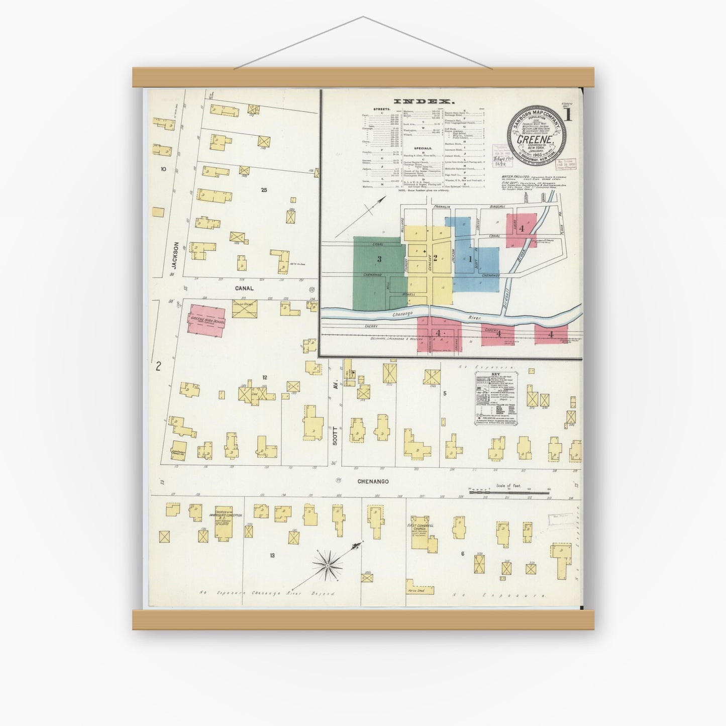 Old map wall art mockup — magnetic wood frame on white wall — Sanborn Fire Insurance Map from Greene, Chenango County, New York (1903) - Complete Map Set