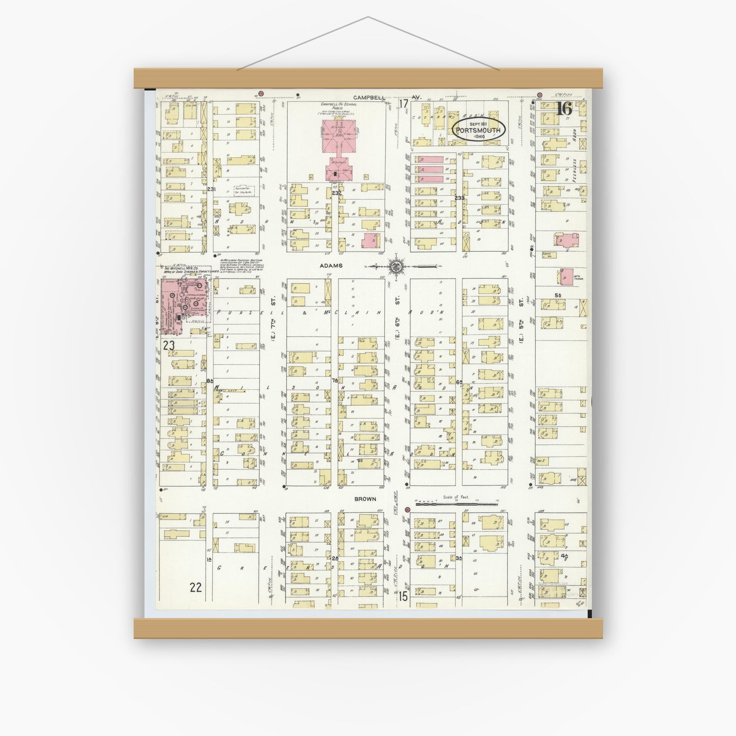 Old map wall art mockup — magnetic wood frame on white wall — Sanborn Fire Insurance Map from Portsmouth, Scioto County, Ohio (1911), Sheet #0016