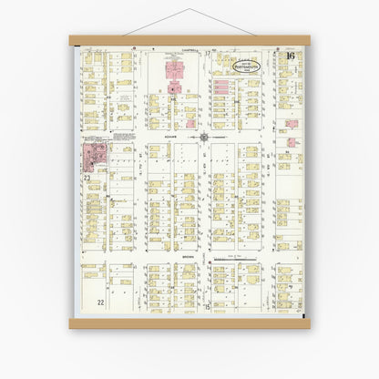 Old map wall art mockup — magnetic wood frame on white wall — Sanborn Fire Insurance Map from Portsmouth, Scioto County, Ohio (1911), Sheet #0016