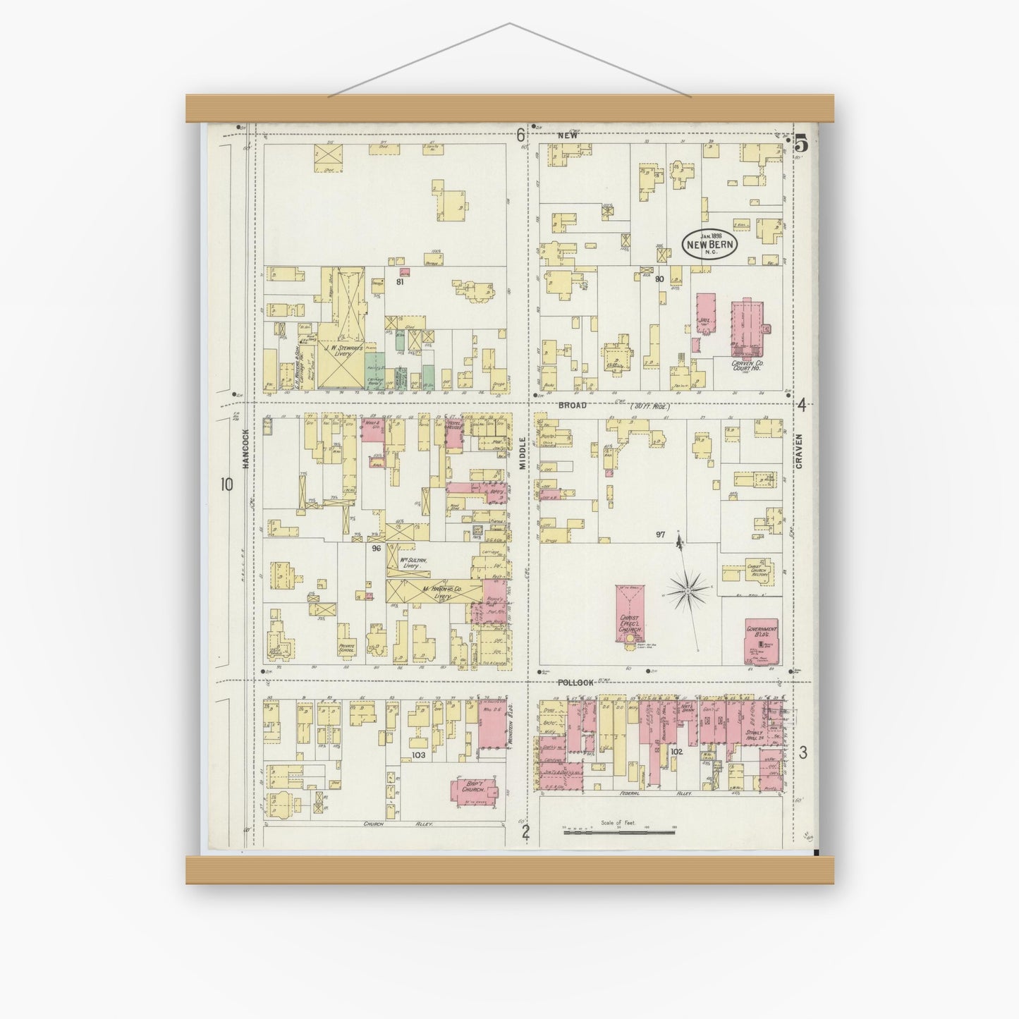 Old map wall art mockup — magnetic wood frame on white wall — Sanborn Fire Insurance Map from New Bern, Craven County, North Carolina (1898), Sheet #0005