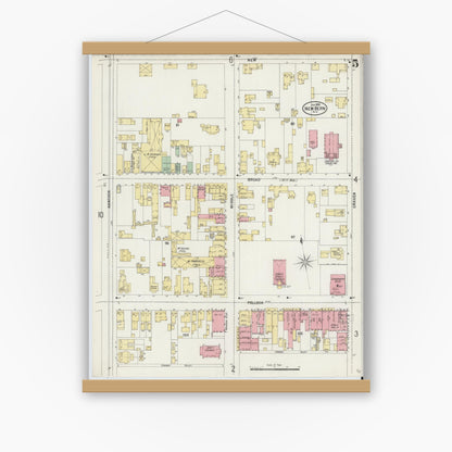 Old map wall art mockup — magnetic wood frame on white wall — Sanborn Fire Insurance Map from New Bern, Craven County, North Carolina (1898), Sheet #0005