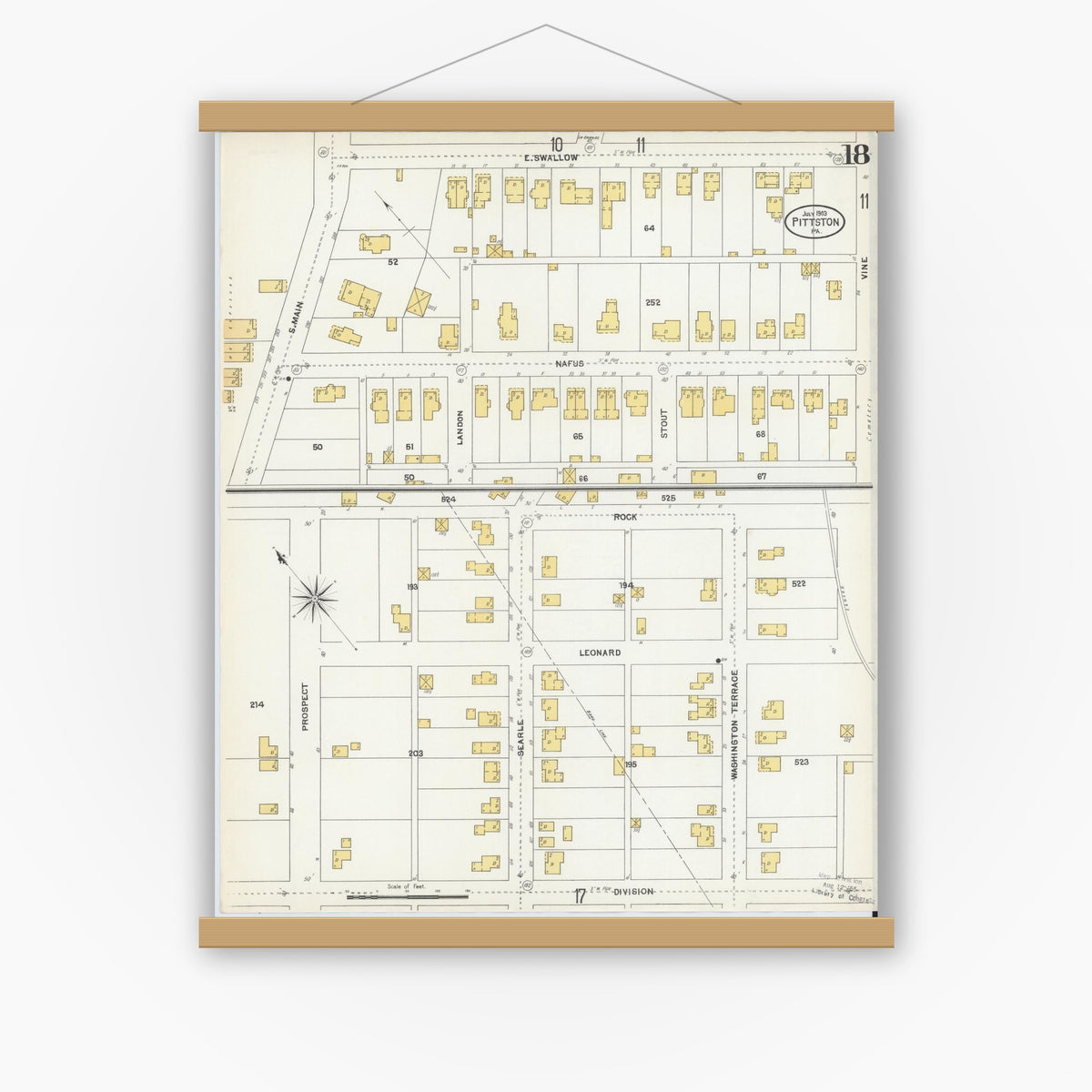 Old map wall art mockup — magnetic wood frame on white wall — Sanborn Fire Insurance Map from Pittston, Luzerne County, Pennsylvania (1903), Sheet #0018