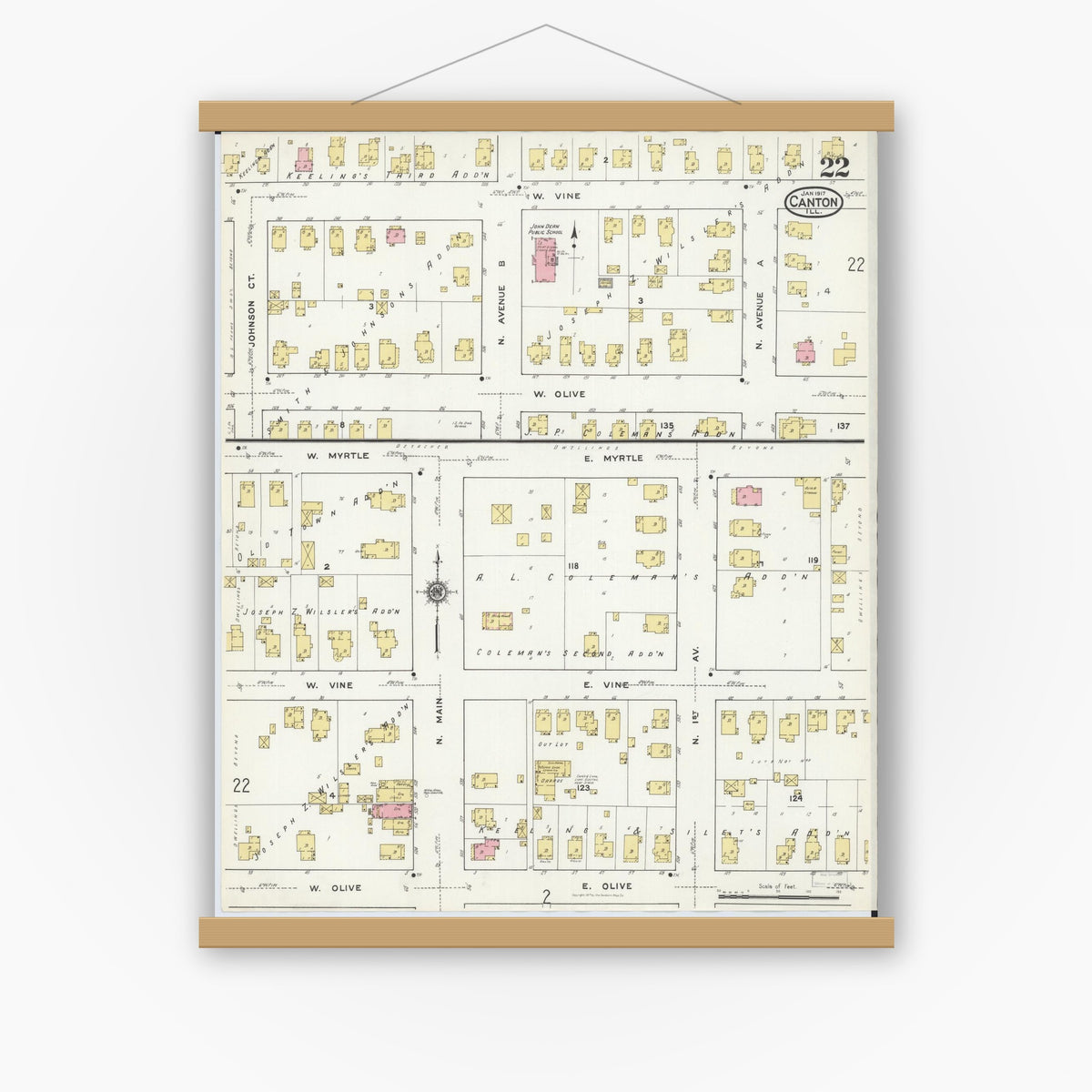 Old map wall art mockup — magnetic wood frame on white wall — Sanborn Fire Insurance Map from Canton, Fulton County, Illinois (1917), Sheet #0022