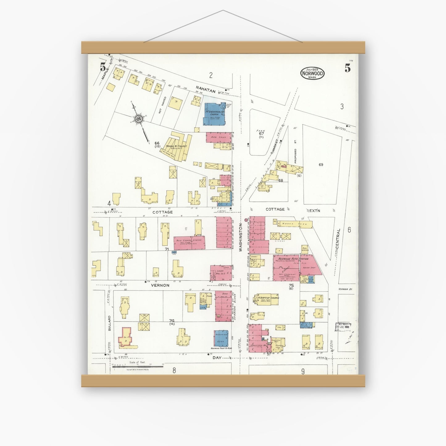 Old map wall art mockup — magnetic wood frame on white wall — Sanborn Fire Insurance Map from Norwood, Norfolk County, Massachusetts (1923), Sheet #0005