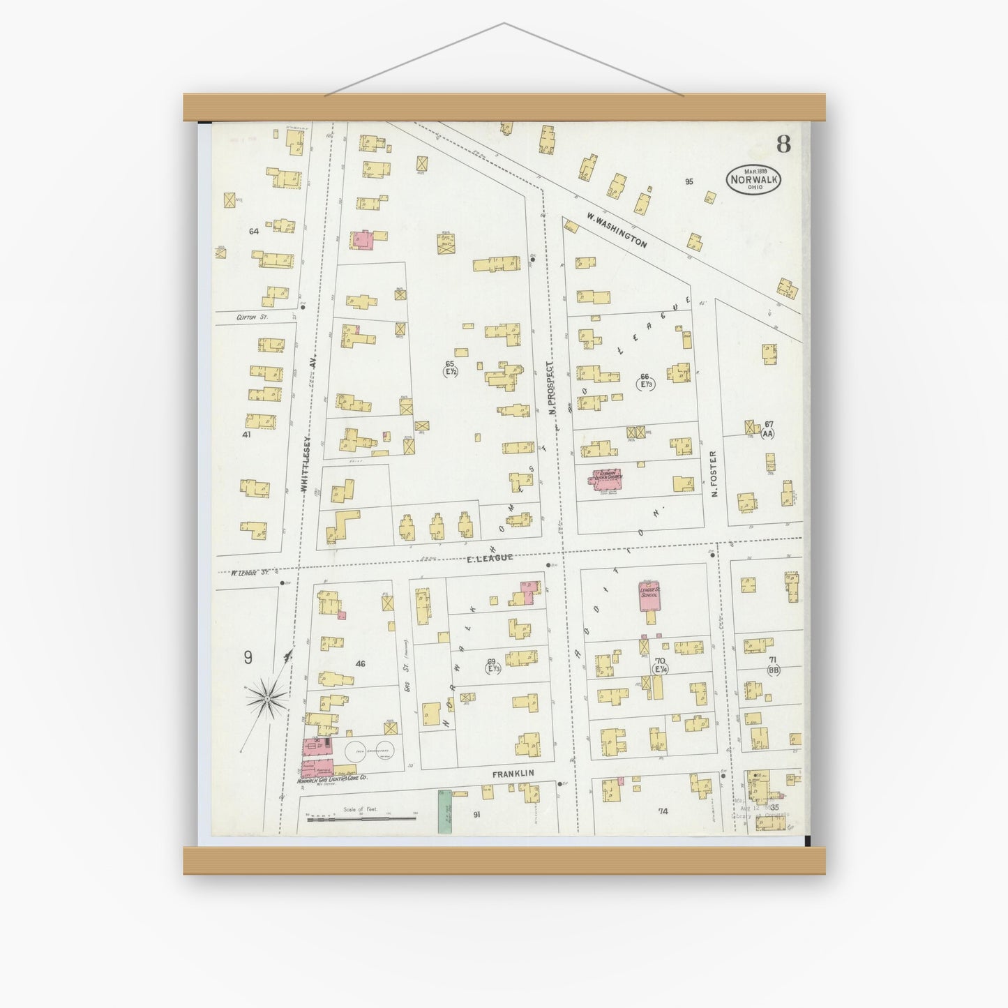Old map wall art mockup — magnetic wood frame on white wall — Sanborn Fire Insurance Map from Norwalk, Huron County, Ohio (1899), Sheet #0008