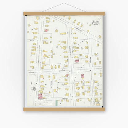 Old map wall art mockup — magnetic wood frame on white wall — Sanborn Fire Insurance Map from Norwalk, Huron County, Ohio (1899), Sheet #0008