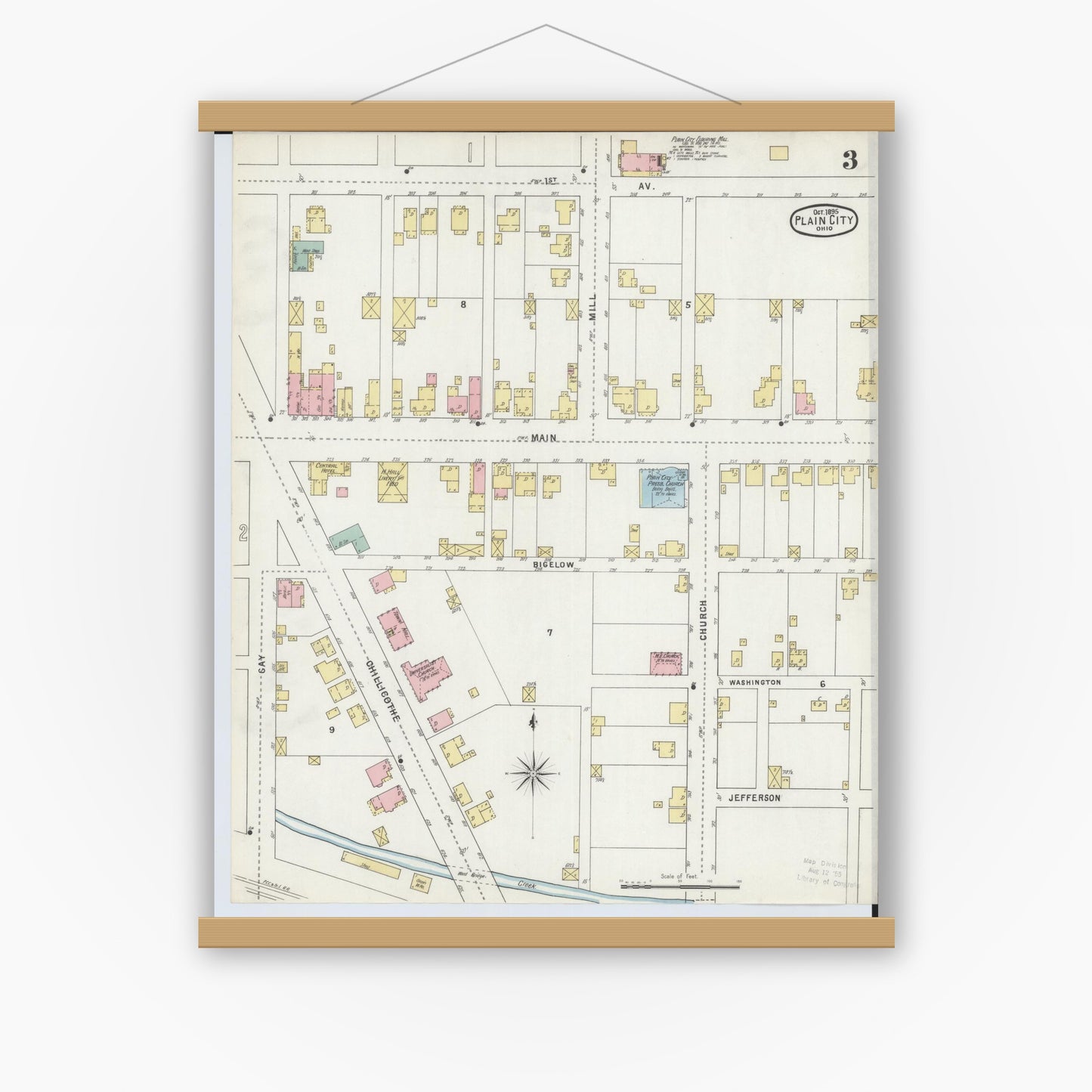Old map wall art mockup — magnetic wood frame on white wall — Sanborn Fire Insurance Map from Plain City, Madison And Union Counties, Ohio (1895), Sheet #0003