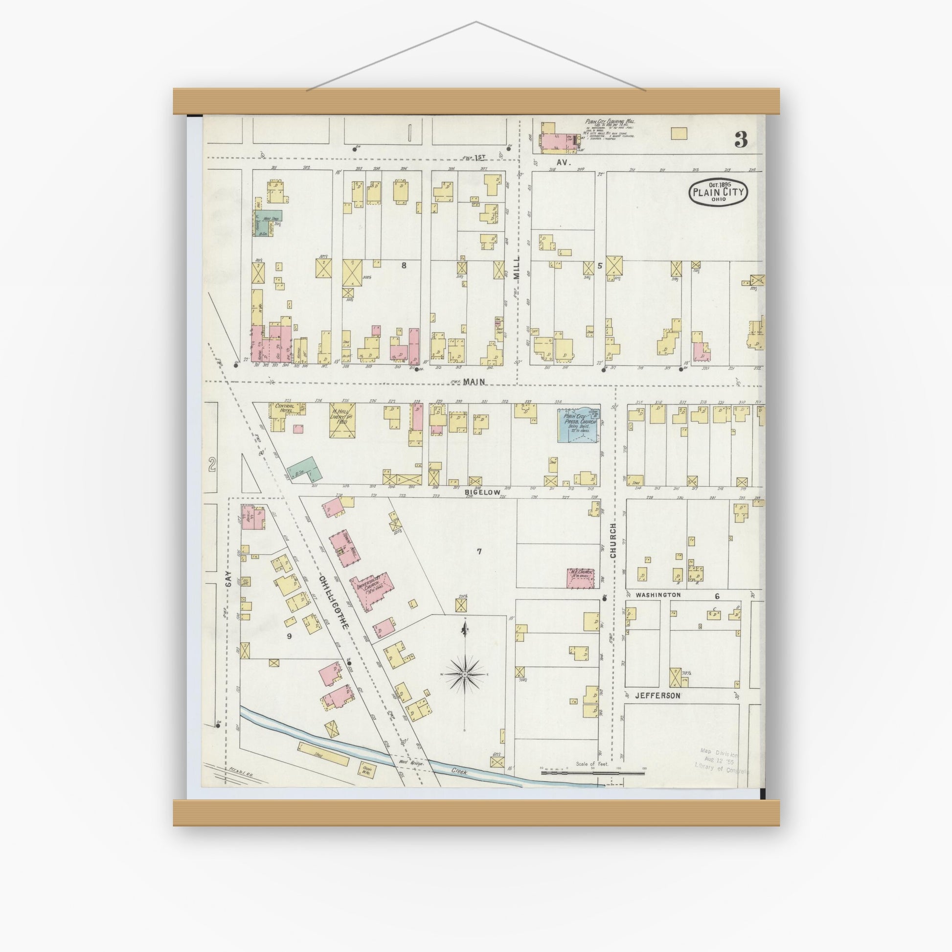 Old map wall art mockup — magnetic wood frame on white wall — Sanborn Fire Insurance Map from Plain City, Madison And Union Counties, Ohio (1895), Sheet #0003