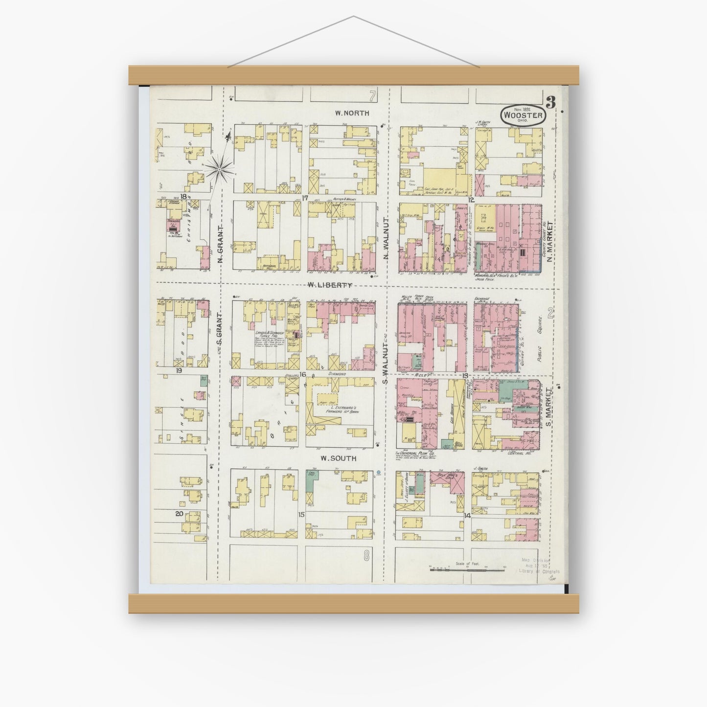 Old map wall art mockup — magnetic wood frame on white wall — Sanborn Fire Insurance Map from Wooster, Wayne County, Ohio (1892), Sheet #0003