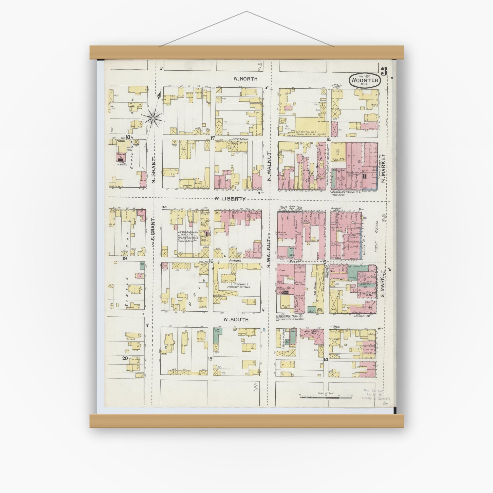 Old map wall art mockup — magnetic wood frame on white wall — Sanborn Fire Insurance Map from Wooster, Wayne County, Ohio (1892), Sheet #0003