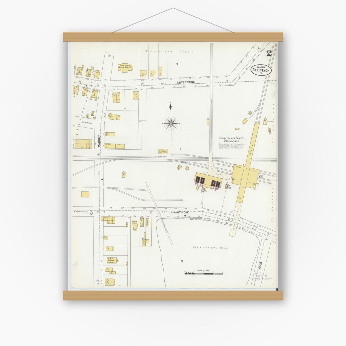 Old map wall art mockup — magnetic wood frame on white wall — Sanborn Fire Insurance Map from Glen Lyon, Luzerne County, Pennsylvania (1903), Sheet #0002