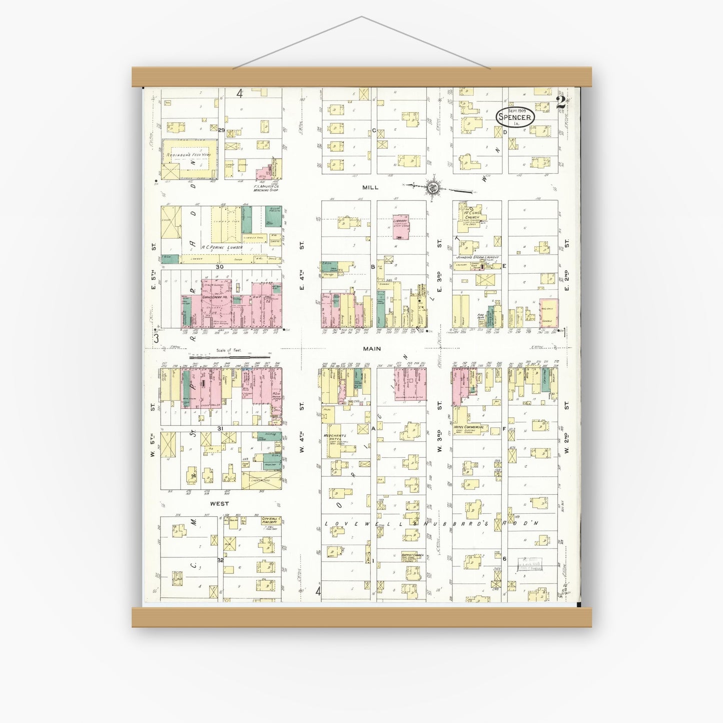 Old map wall art mockup — magnetic wood frame on white wall — Sanborn Fire Insurance Map from Spencer, Clay County, Iowa (1909), Sheet #0002