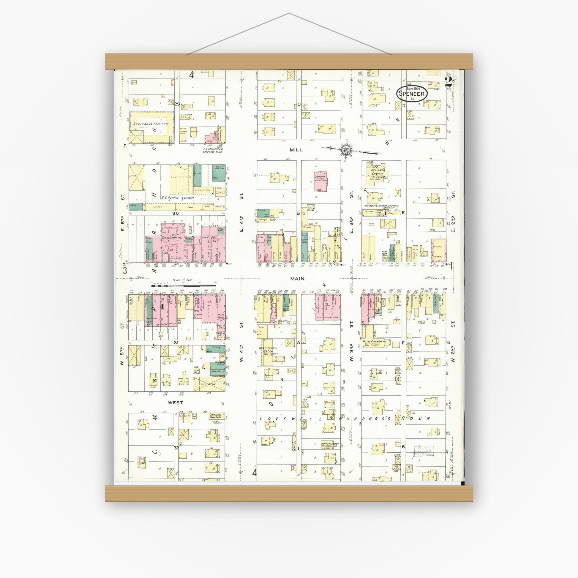 Old map wall art mockup — magnetic wood frame on white wall — Sanborn Fire Insurance Map from Spencer, Clay County, Iowa (1909), Sheet #0002