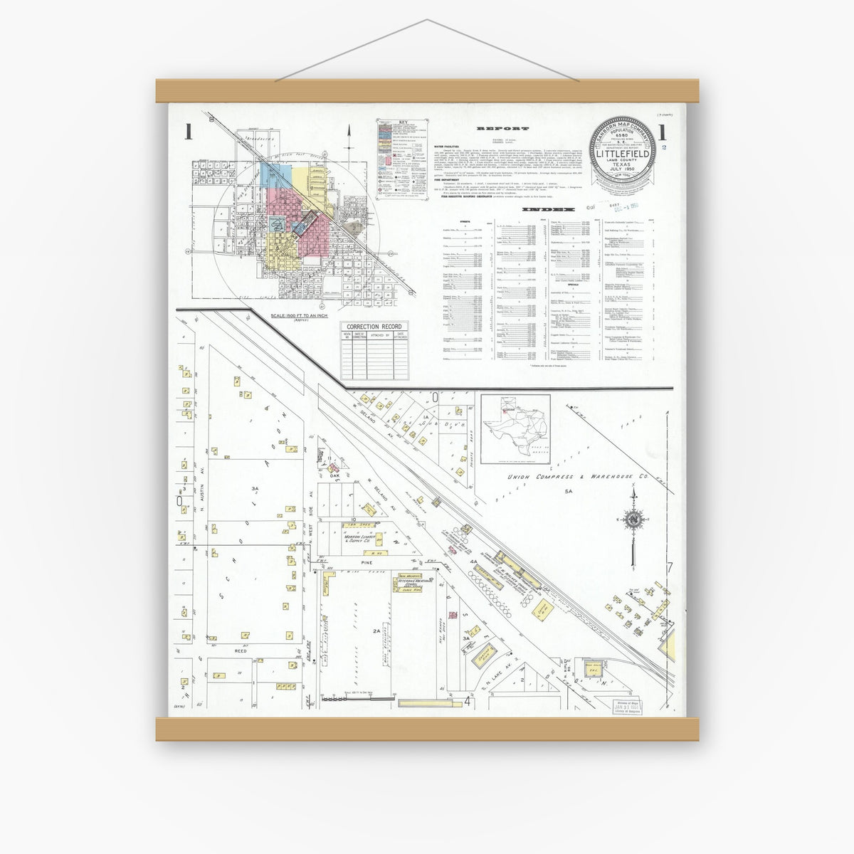 Old map wall art mockup — magnetic wood frame on white wall — Sanborn Fire Insurance Map from Littlefield, Lamb County, Texas (1950), Sheet #0001