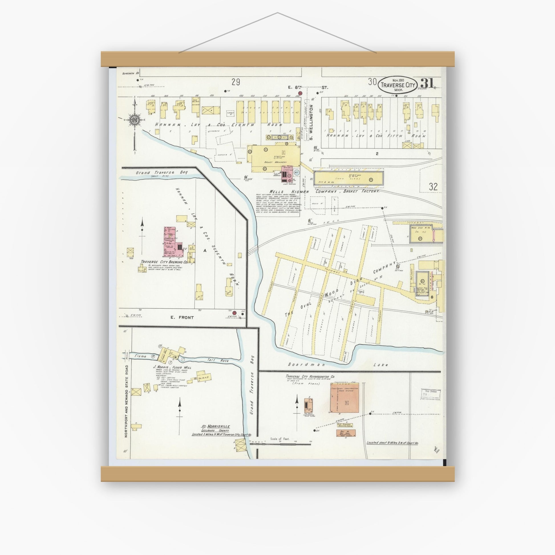 Old map wall art mockup — magnetic wood frame on white wall — Sanborn Fire Insurance Map from Traverse City, Grand Traverse County, Michigan (1910), Sheet #0031