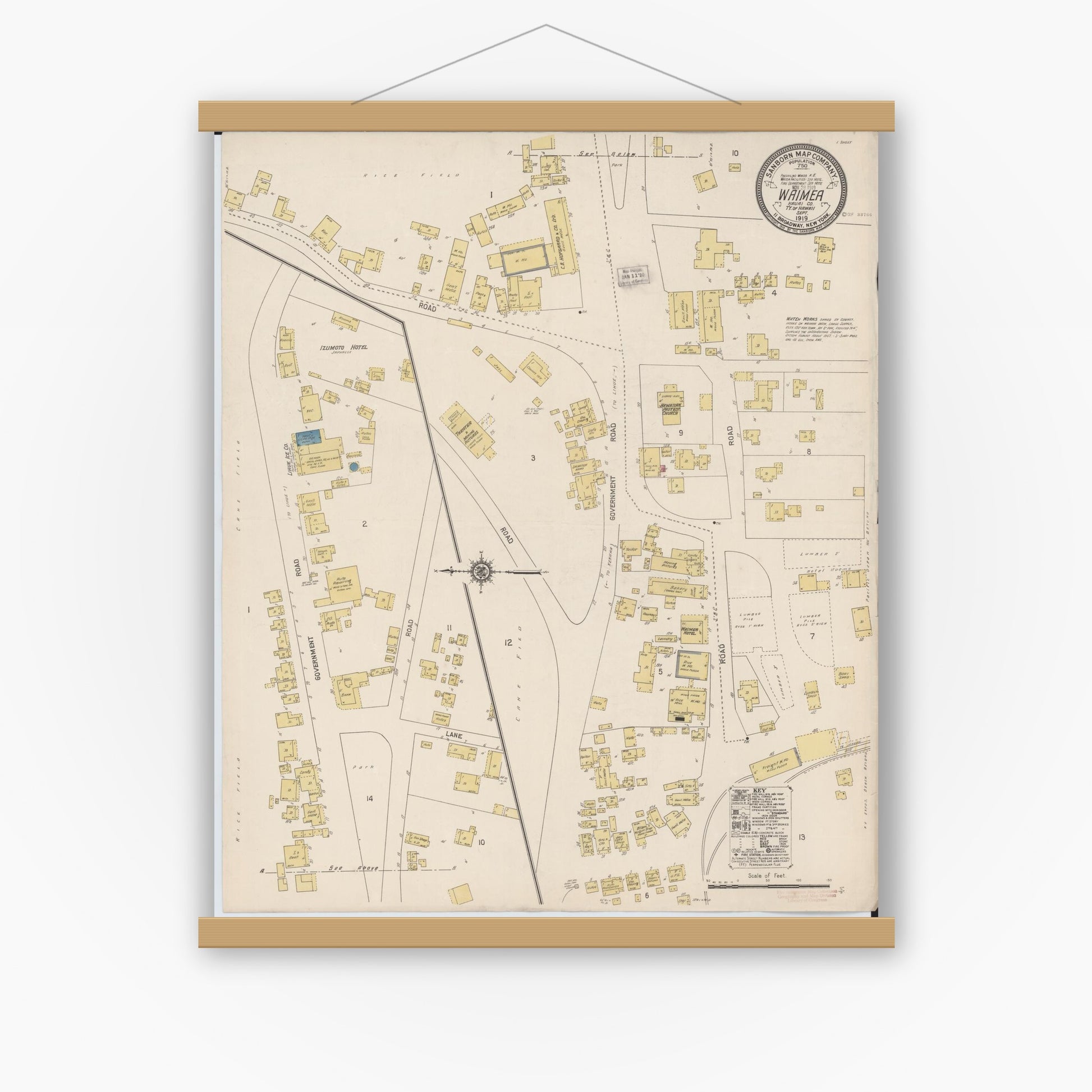 Old map wall art mockup — magnetic wood frame on white wall — Sanborn Fire Insurance Map from Waimea, Kauai County, Hawaii (1919), Sheet #0001