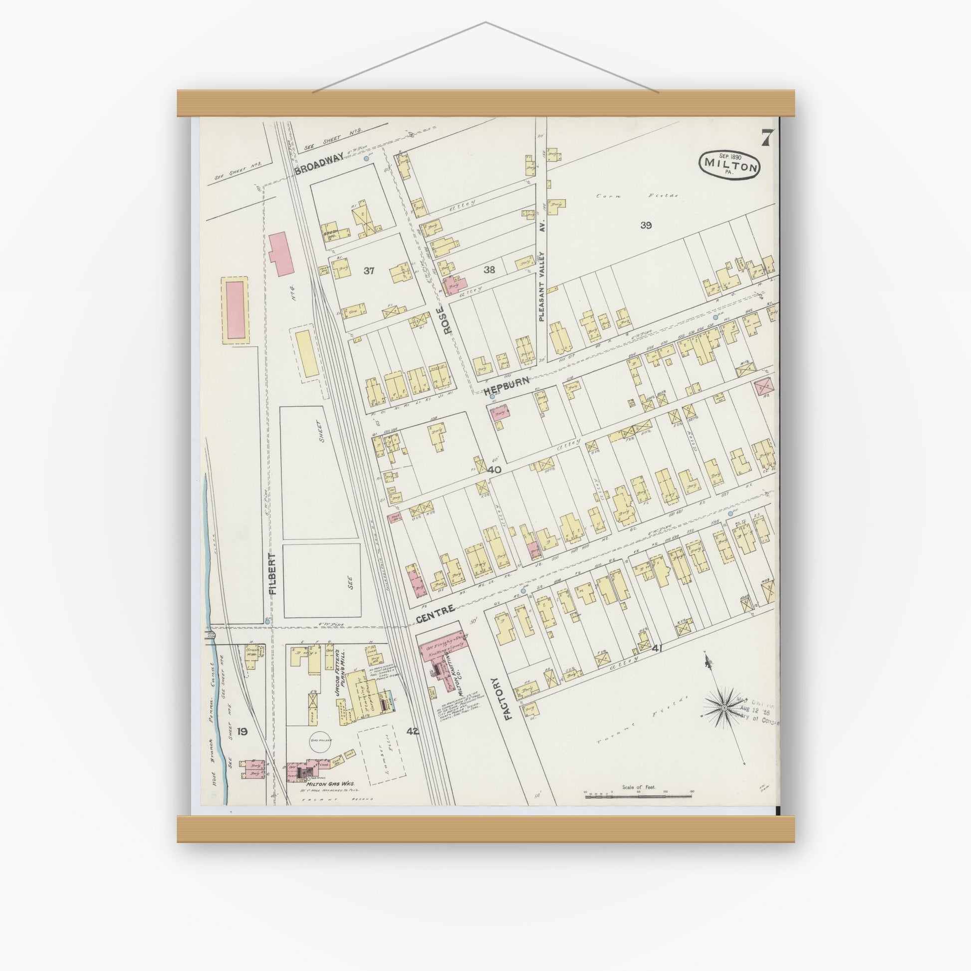 Old map wall art mockup — magnetic wood frame on white wall — Sanborn Fire Insurance Map from Milton, Northumberland County, Pennsylvania (1890), Sheet #0007