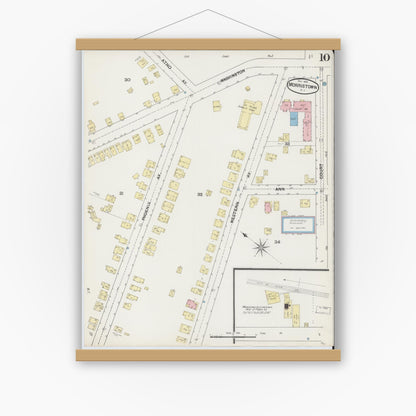 Old map wall art mockup — magnetic wood frame on white wall — Sanborn Fire Insurance Map from Morristown, Morris County, New Jersey (1890), Sheet #0010