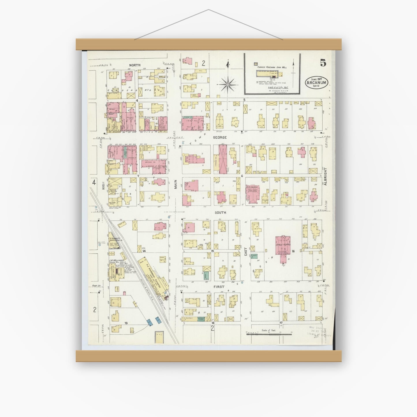Old map wall art mockup — magnetic wood frame on white wall — Sanborn Fire Insurance Map from Arcanum, Darke County, Ohio (1907), Sheet #0005