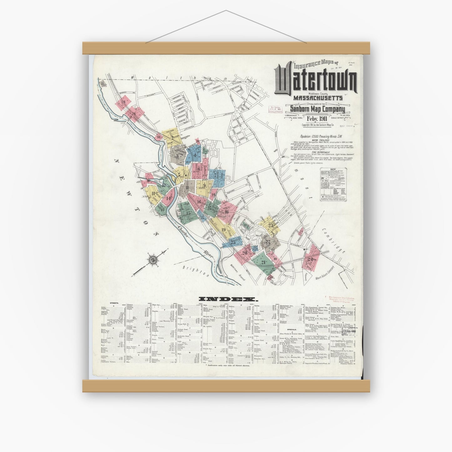 Old map wall art mockup — magnetic wood frame on white wall — Sanborn Fire Insurance Map from Watertown, Middlesex County, Massachusetts (1911) - Complete Map Set