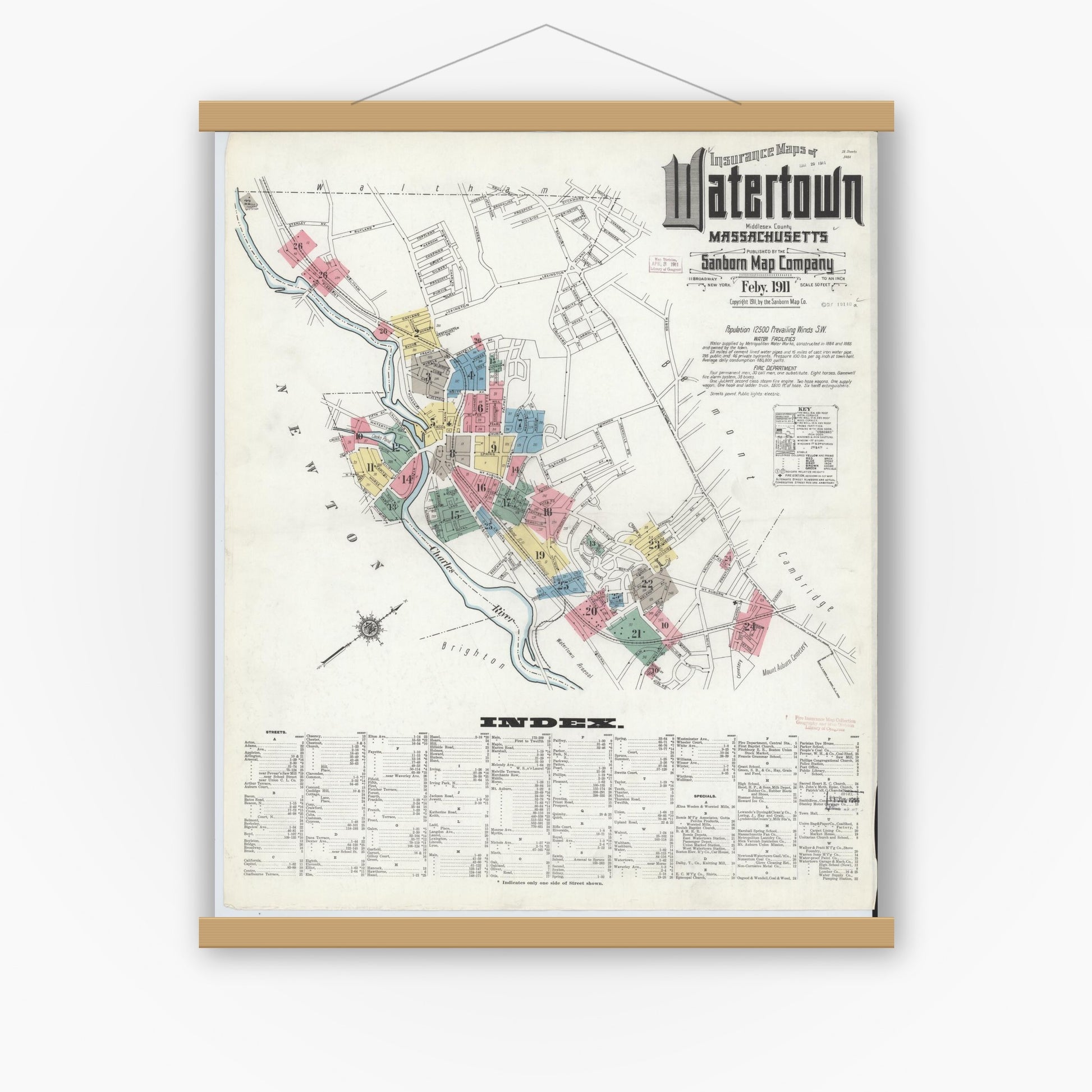 Old map wall art mockup — magnetic wood frame on white wall — Sanborn Fire Insurance Map from Watertown, Middlesex County, Massachusetts (1911) - Complete Map Set