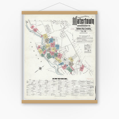Old map wall art mockup — magnetic wood frame on white wall — Sanborn Fire Insurance Map from Watertown, Middlesex County, Massachusetts (1911) - Complete Map Set