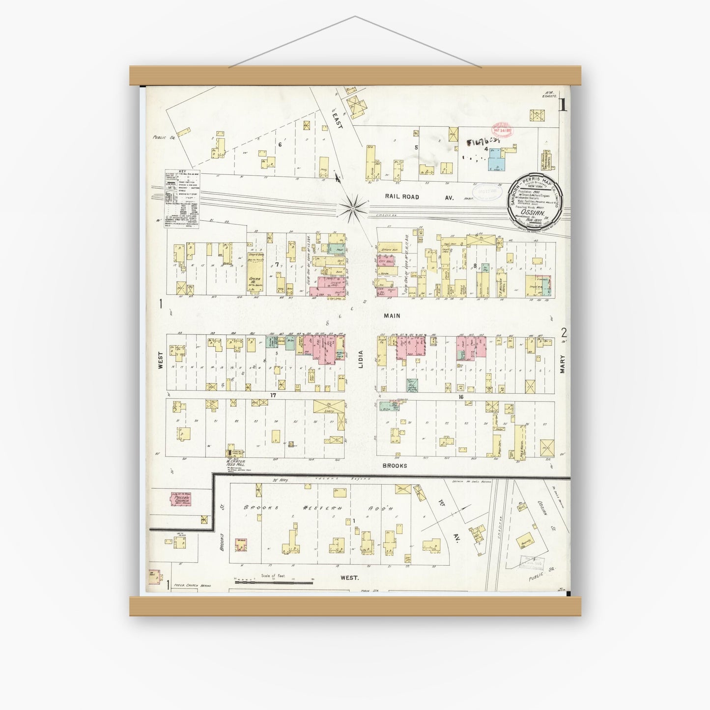 Old map wall art mockup — magnetic wood frame on white wall — Sanborn Fire Insurance Map from Ossian, Winneshiek County, Iowa (1897) â€” Complete Set