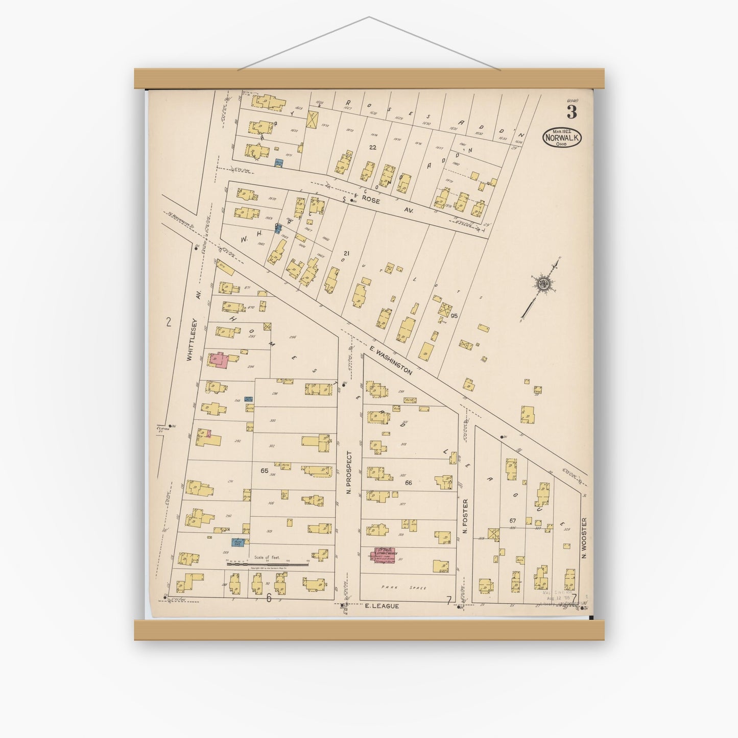 Old map wall art mockup — magnetic wood frame on white wall — Sanborn Fire Insurance Map from Norwalk, Huron County, Ohio (1922), Sheet #0003
