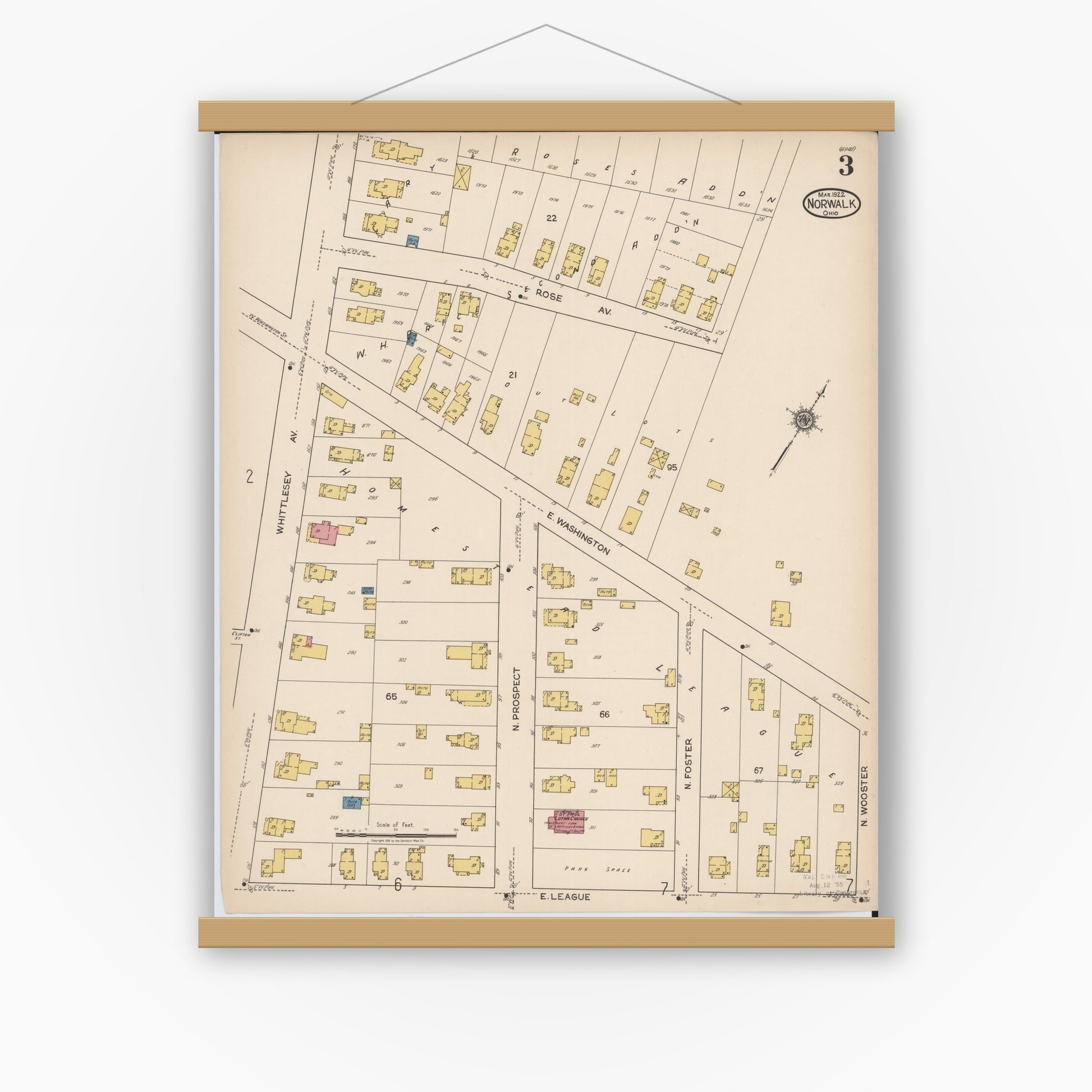 Old map wall art mockup — magnetic wood frame on white wall — Sanborn Fire Insurance Map from Norwalk, Huron County, Ohio (1922), Sheet #0003