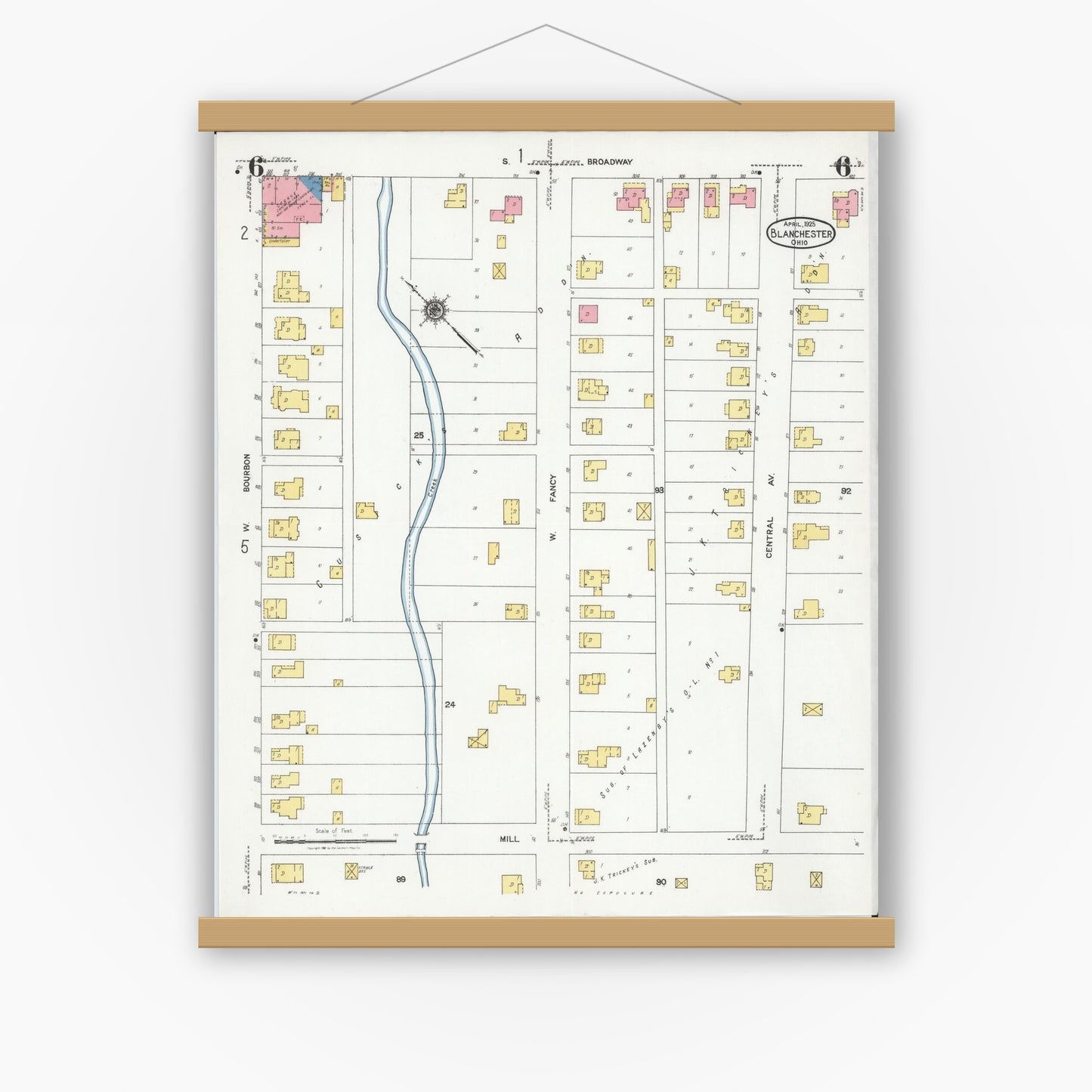 Old map wall art mockup — magnetic wood frame on white wall — Sanborn Fire Insurance Map from Blanchester, Clinton County, Ohio (1925), Sheet #0006