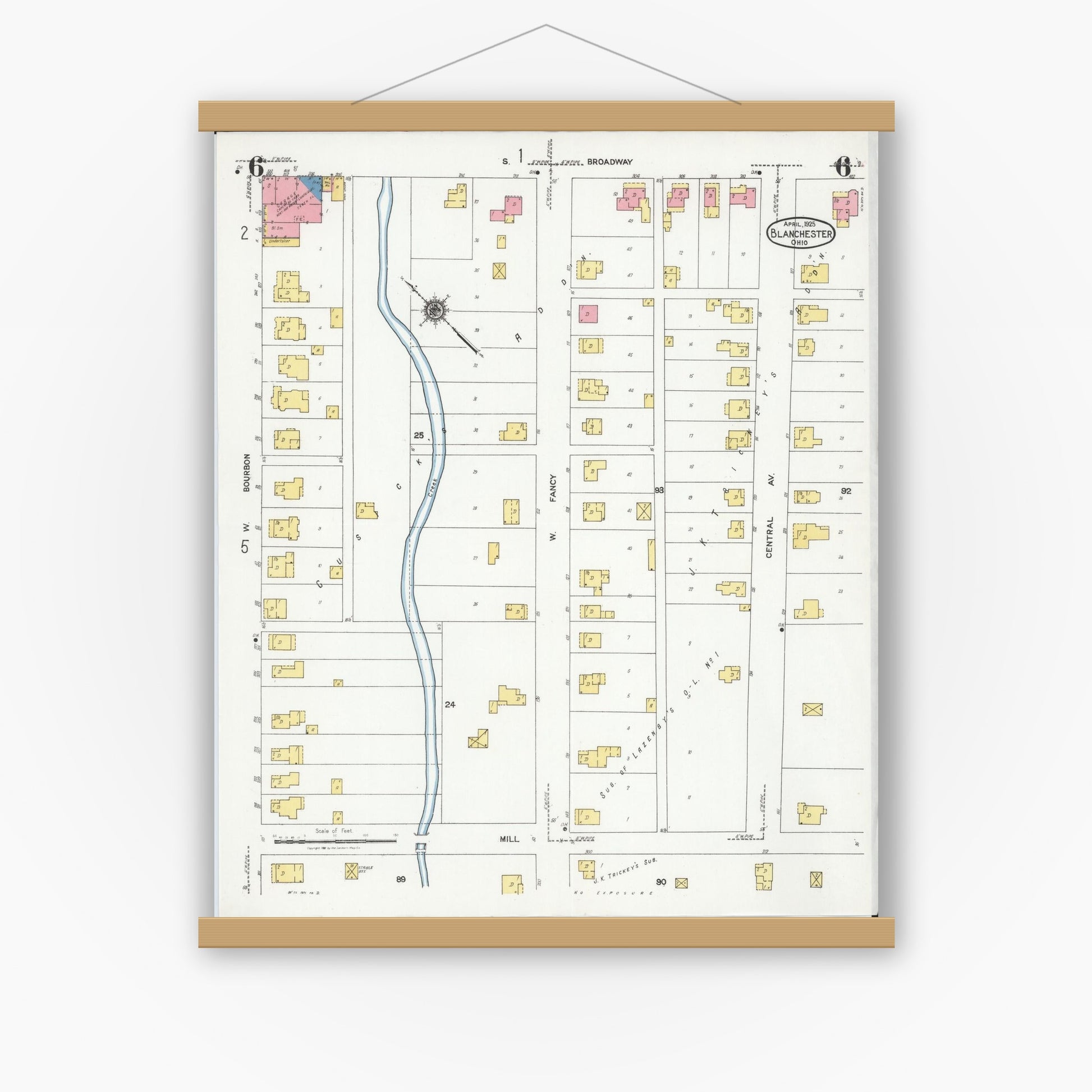 Old map wall art mockup — magnetic wood frame on white wall — Sanborn Fire Insurance Map from Blanchester, Clinton County, Ohio (1925), Sheet #0006