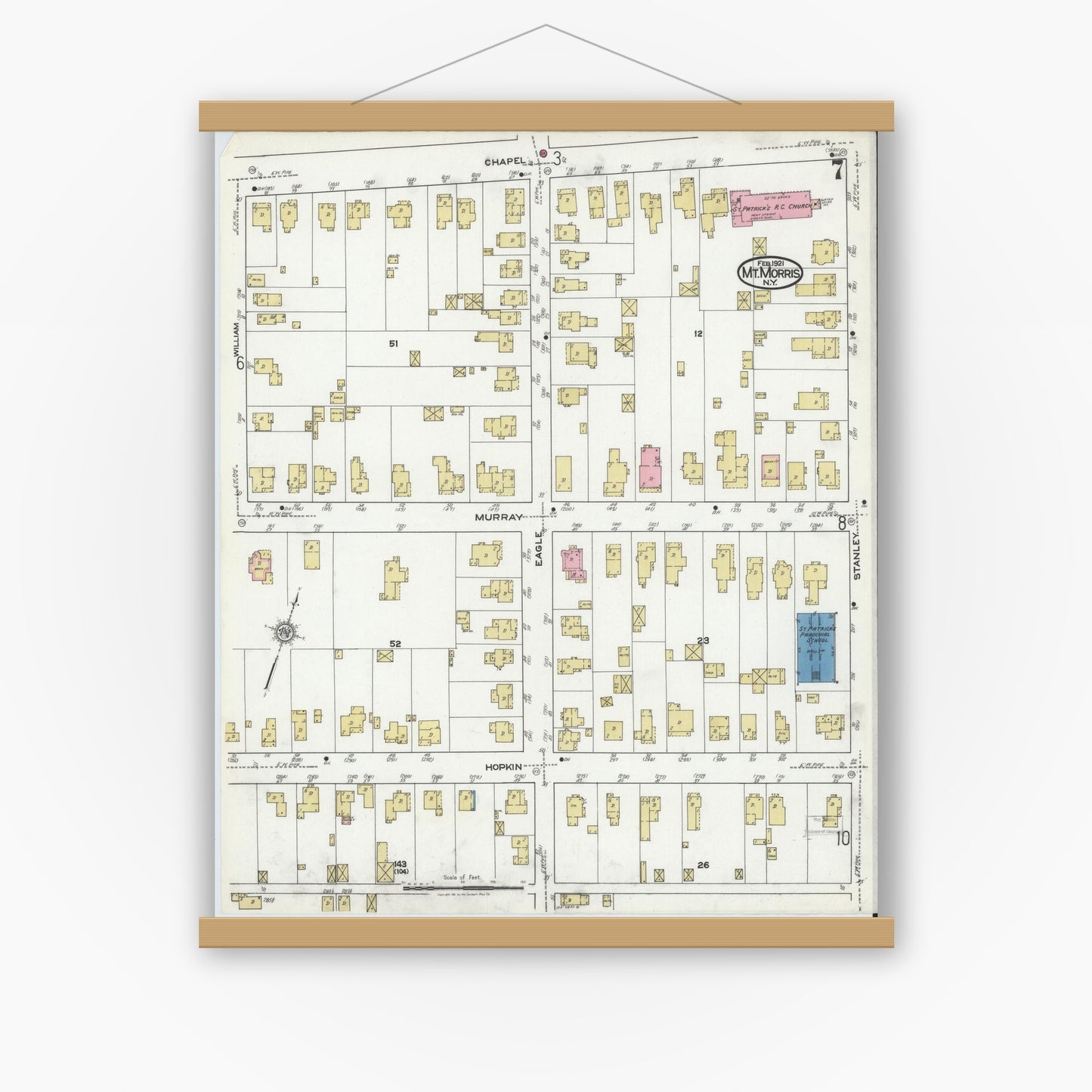 Old map wall art mockup — magnetic wood frame on white wall — Sanborn Fire Insurance Map from Mount Morris, Livingston County, New York (1921), Sheet #0007